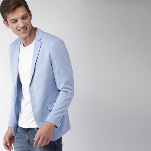 Men Blue Solid Single-Breasted Knitted Blazer